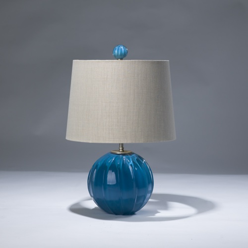 Single Small Blue Glass Ball "pumpkin"  Lamp With Matching Finial
