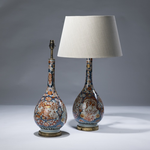 Pair Of Red Imari Ceramic Lamps On Distressed Brass Bases