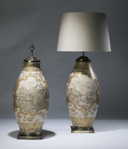 Pair Of Large Gold Satsuma Ceramic Lamps On Distressed Brass Bases