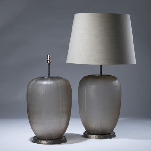 Pair Of Large Brown Cut Glass Lamps On Distressed Silver Plate Bases