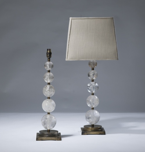 Pair Of Medium  Clear Rock Crystal Ball Lamps On Distressed Brass Bases