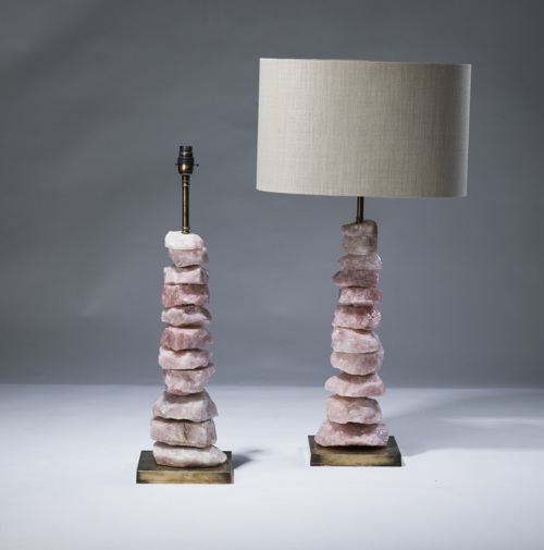 Pair Of Medium Pink Quartz 'chunk' Lamps On Distressed Brass Bases