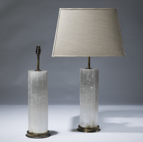 Pair Of Large Clear Selenite Lamps On Distressed Brass Bases