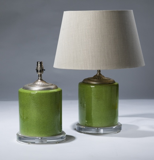 Pair Of Small Green Ceramic Lamps On Perspex Bases