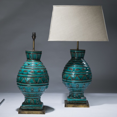 Pair Of Large Blue Ceramic Lamps On Distressed Brass Bases
