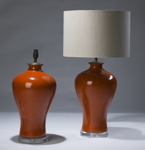 Pair Of Medium Orange Ceramic Lamps On Perspex Bases