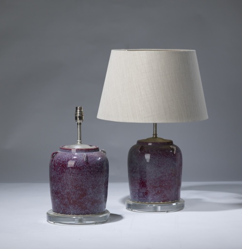 Pair Of Small Purple Ceramic Lamps On Perspex Bases