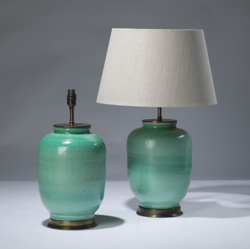 Pair Of Small Green Ceramic Lamps On Distressed Brass Bases