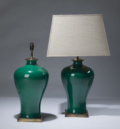 Pair Of Medium Green Ceramic Lamps On Distressed Brass Bases