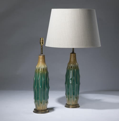 Pair Of Medium Green Yellow Midcentury Style Ceramic Lamps On Distressed Brass Bases