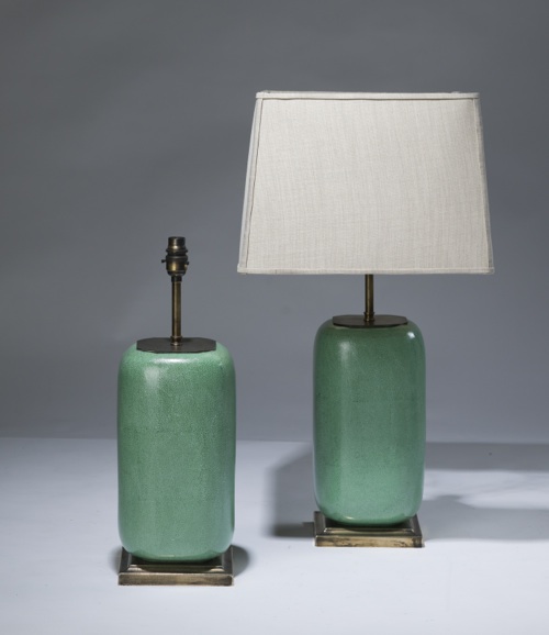 Pair Of Medium Green Shagreen Ceramic Lamps On Distressed Brass Bases