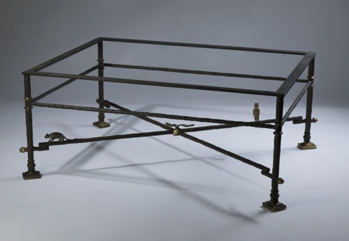 Wrought Iron Coffee Table In Brown Bronze, Distressed Gold Highlights With Glass Top