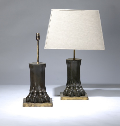 Pair Of Medium Brown Bronze 'lion Paw' Lamps On Distressed Brass Bases