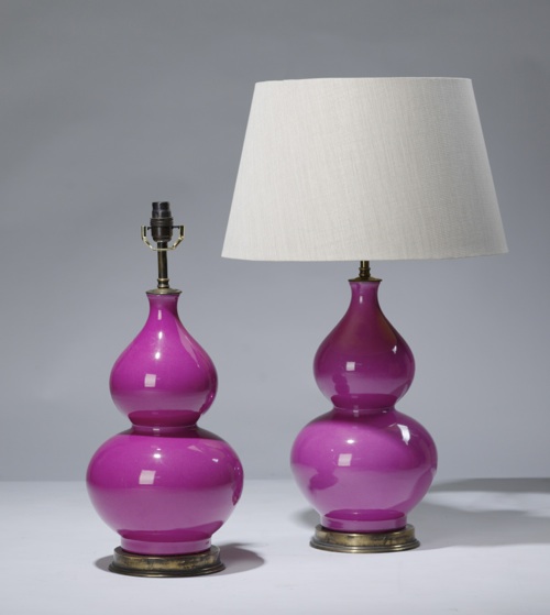 Pair Of Small Pink Double Gourd Lamps On Distressed Brass Bases