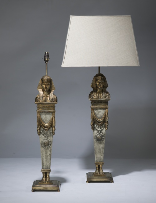 Pair Of Large Cream Gold Antique Wooden Egyptian Figure Lamps On Distressed Brass Bases