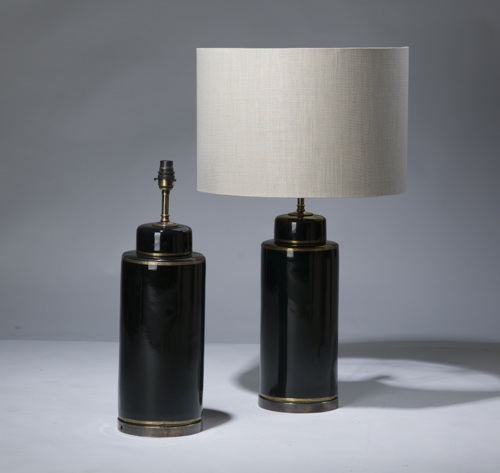Pair Of Medium Black Ceramic Pot Lamps With Gold Detail On Distressed Brass Bases