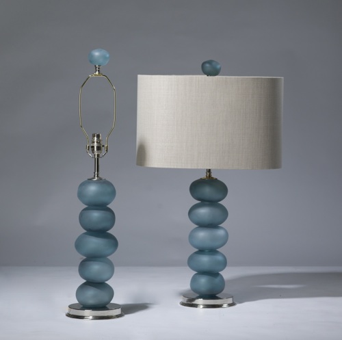 Pair Of Medium Blue Glass 'frosted Pebble' Lamps On Nickel Bases