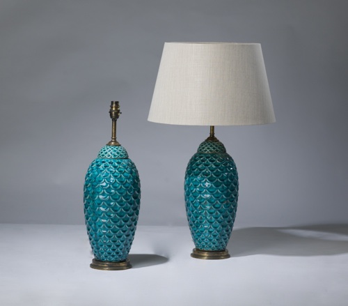 Pair Of Medium Blue 'fishscale' Lamps On Distressed Brass Bases