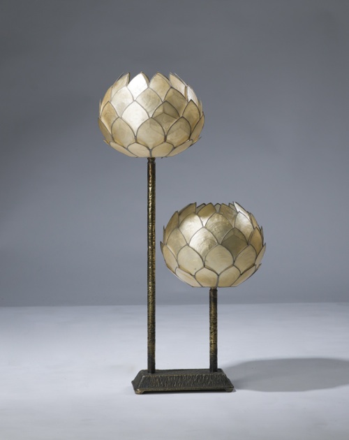 Single Gold Distressed Bronze Lotus Lamp With Shell Flower Shades