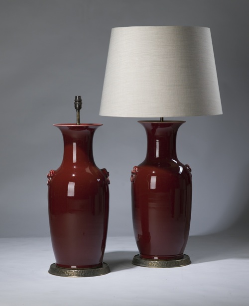 Pair Of Large Red Ceramic Lamps On Distressed Brass Bases