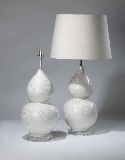 Pair Of Large White Pearl Glazed Double Gourd Ceramic Lamps On Perspex Bases