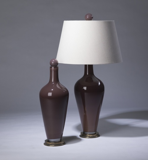 Pair Of Medium Brown Purple 'standard' Glass Lamps On Distressed Brass Bases