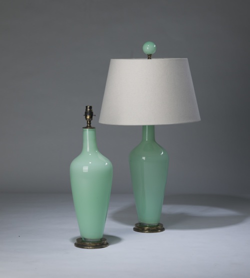 Pair Of Medium Celadon Green 'standard' Glass Lamps On Distressed Brass Bases & Matching Finials