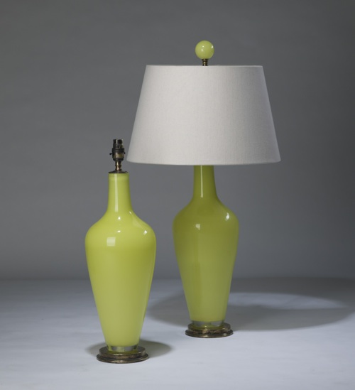 Pair Of Medium Lime Green Yellow 'standard' Glass Lamps On Distressed Brass Bases