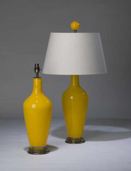 Pair Of Medium Light Orange Yellow 'standard' Glass Lamps On Distressed Brass Bases