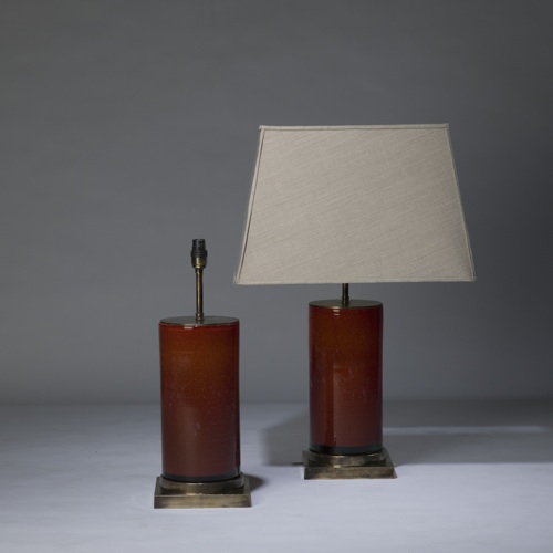Pair Of Medium Dark Orange Red 'glass Column' Lamps On Distressed Brass Bases