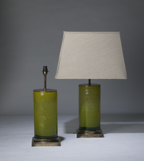 Pair Of Medium Dirty Green Yellow 'glass Column' Lamps On Distressed Brass Bases