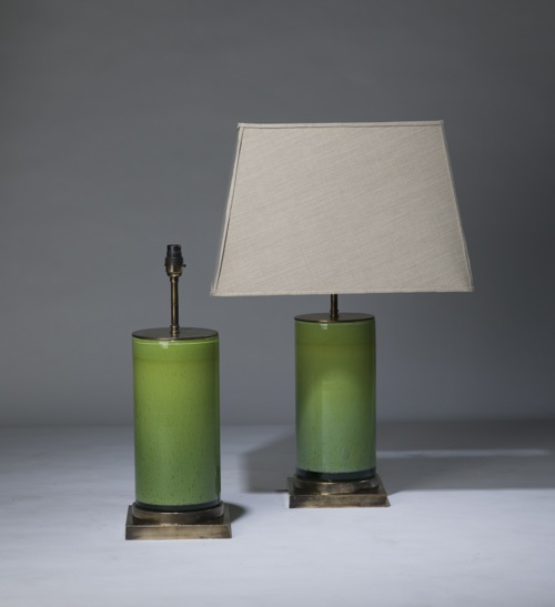 Pair Of Medium Lime Green 'glass Column' Lamps On Distressed Brass Bases