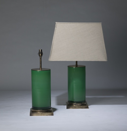 Pair Of Medium Rich Green 'glass Column' Lamps On Distressed Brass Bases