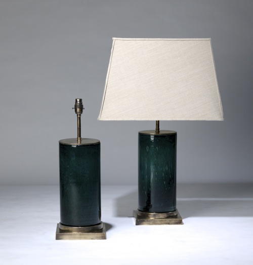Pair Of Medium Teal Green 'glass Column' Lamps On Distressed Brass Bases