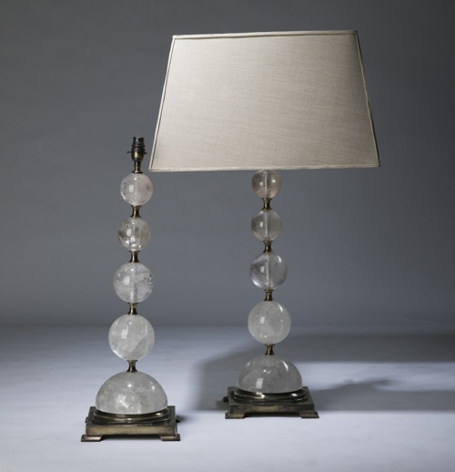 Pair Of Large Clear Rock Crystal 'graduated Ball' Lamps On Distressed Brass Bases