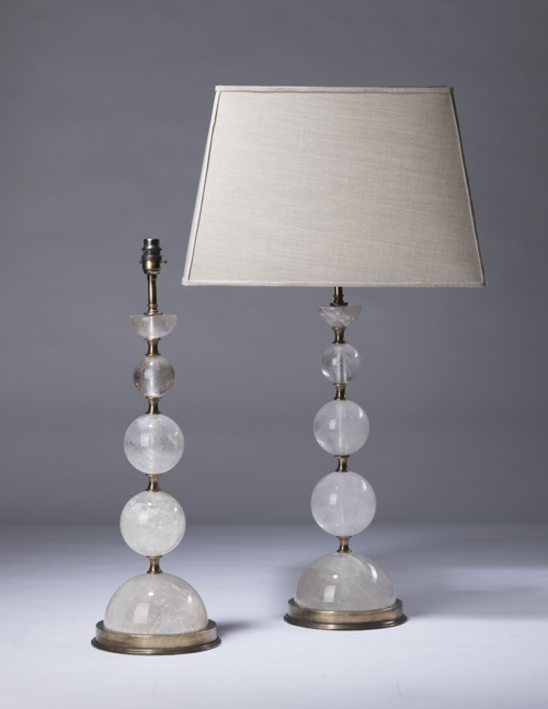 Pair Of Large Clear Rock Crystal Lamps On Distressed Brass Bases