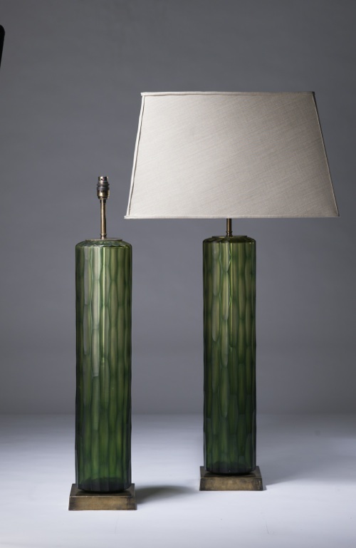 Pair Of Large Green Cut Glass Lamps On Distressed Brass Bases