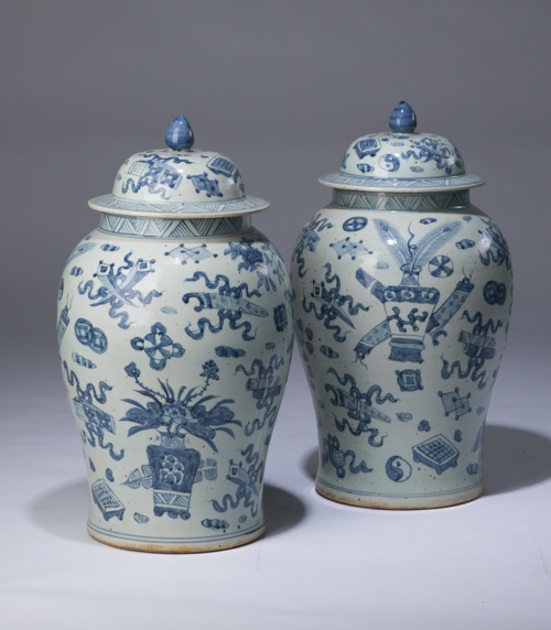 Pair Of Medium Blue & White Vases With Lidded Tops