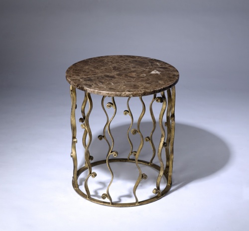 Round Wrought Iron 'italian' Side Table With Marble Top In Distressed Gold Leaf Finish