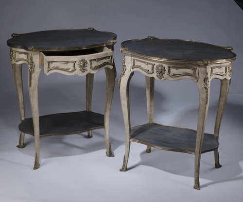 Pair Of Modern Louis Xv Style Side Tables With Drawers Distressed Off White Paint Finish With Gilt Bronze Mounts