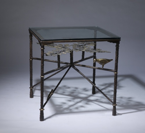 Wrought Iron 'tree Of Life' Side Table In Dark Brown Bronze, Gold Leaf Highlight Finish With Glass Top