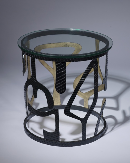 Pair Of Unique Modern Wrought Iron 'miro' Side Tables In Black, Gold Finish With Glass  Top