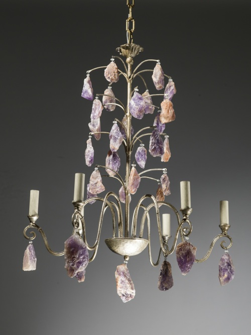 6 Arm Wrought Iron Chandelier With Drops Of Natural Amethyst