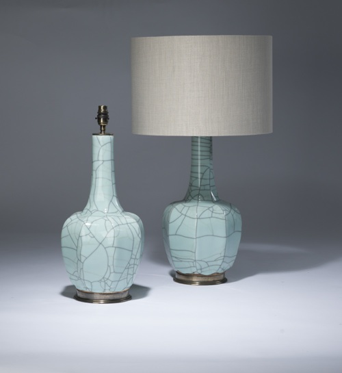 Pair Of Large Pale Blue Celadon Lamps On Distressed Brass Bases