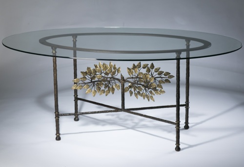 Wrought Iron ' Tree Of Life' Dining Table In Brown Bronze, Distressed Gold Leaf Highlight Finish With Glass Top