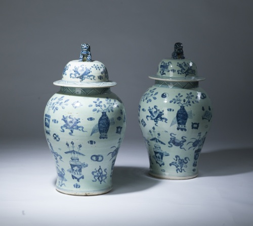 Pair Of Medium Blue & White Vases With Lion Lidded Tops