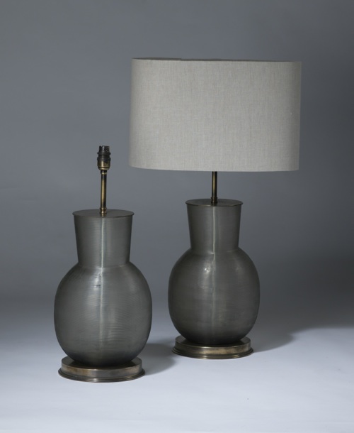 Pair Of Medium Grey Taupe Cut Glass Lamps On Distressed Brass Bases