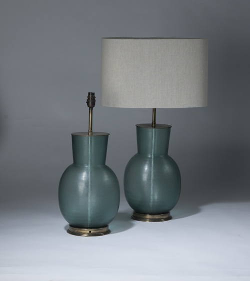 Medium Blue Cut Glass Lamps On Distressed Brass Bases