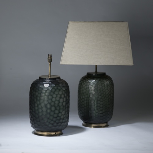 Pair Of Large Grey Green Cut Glass Lamps On Distressed Brass Bases