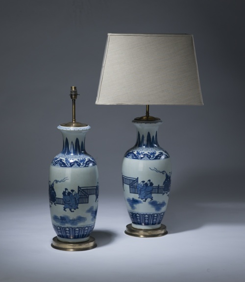 Pair Of Large Blue & White Antique Ceramic Lamps On Distressed Brass Bases